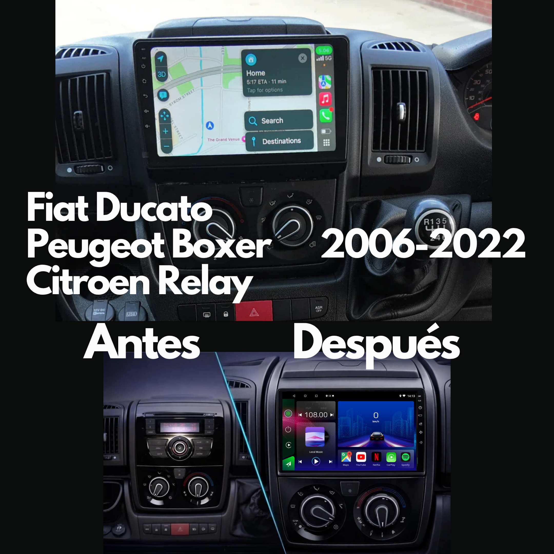 Fiat Ducato | Peugeot Boxer | Citroen Relay Jumper | 2006-2022 | Radio Pantalla Android | Apple CarPlay y Android Auto